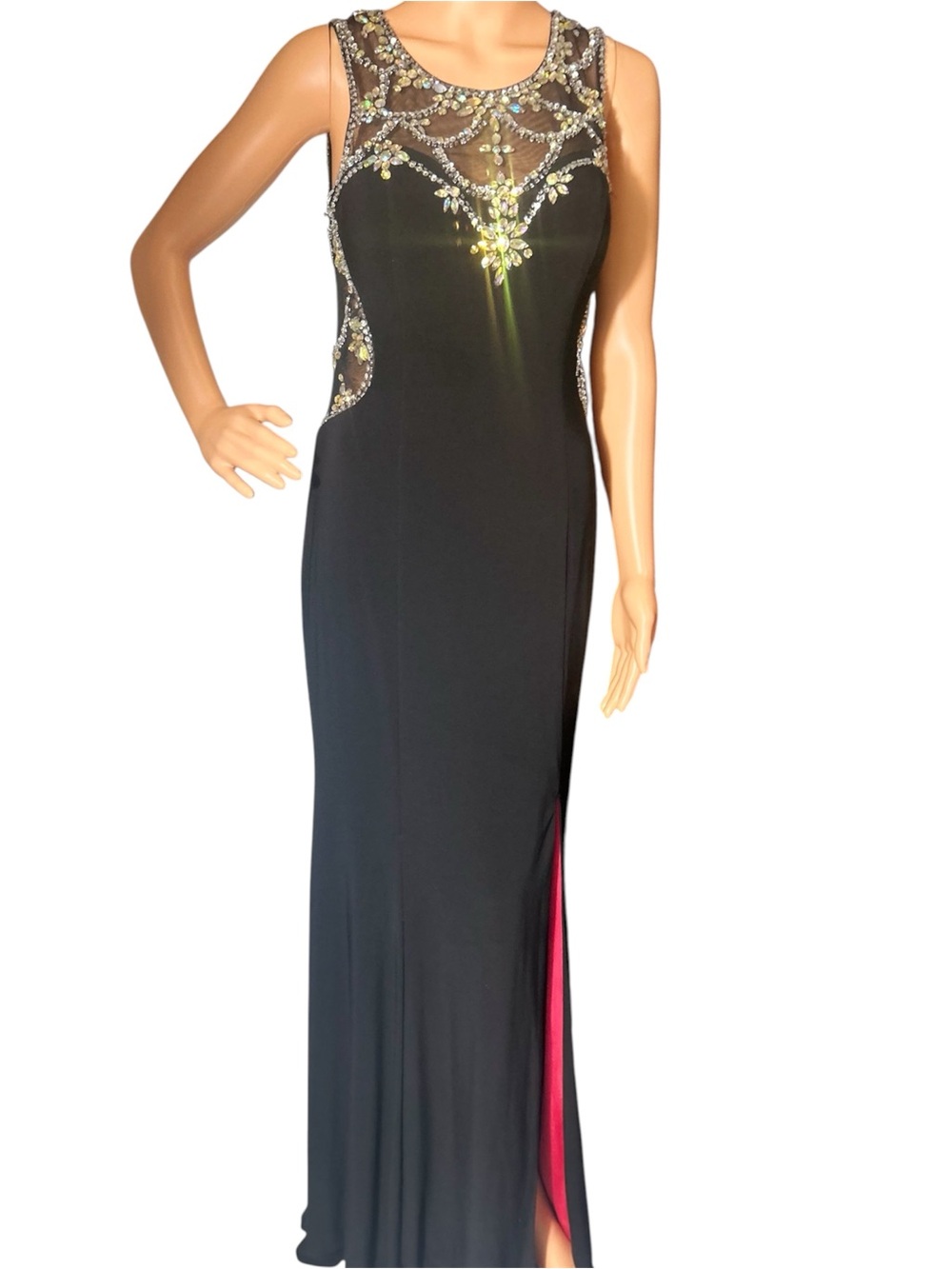 Adam Black Evening Gown with Pink Lining and Crystal Embellishments - Picture 3 of 8